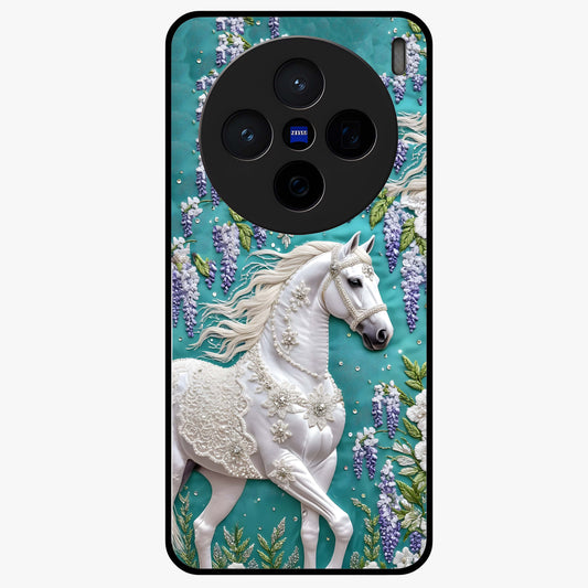 Majestic Floral Stallion Glass Case showing flat back view with powerful horse and floral artwork and glossy glass finish.