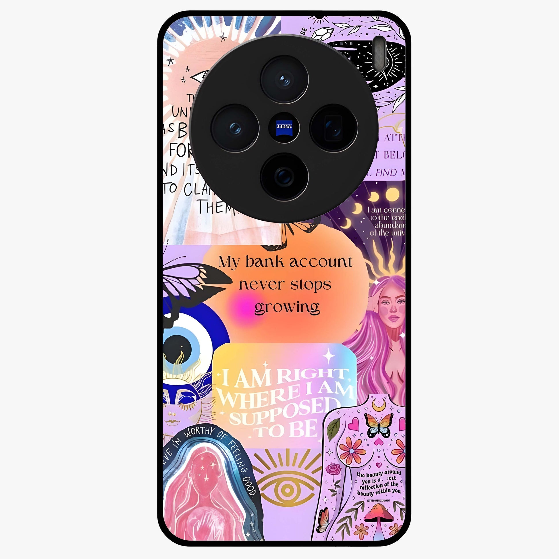 Manifestation Collage Glass Case showing flat back view with motivational collage artwork and glossy glass finish.