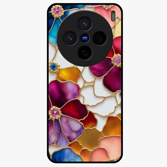 Marble Flower Pattern Glass Case showing flat back view with marble texture floral artwork and glossy glass finish.