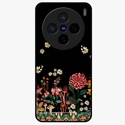 Midnight Bloom Pattern Glass Case showing flat back view with dark floral pattern artwork and glossy glass finish.