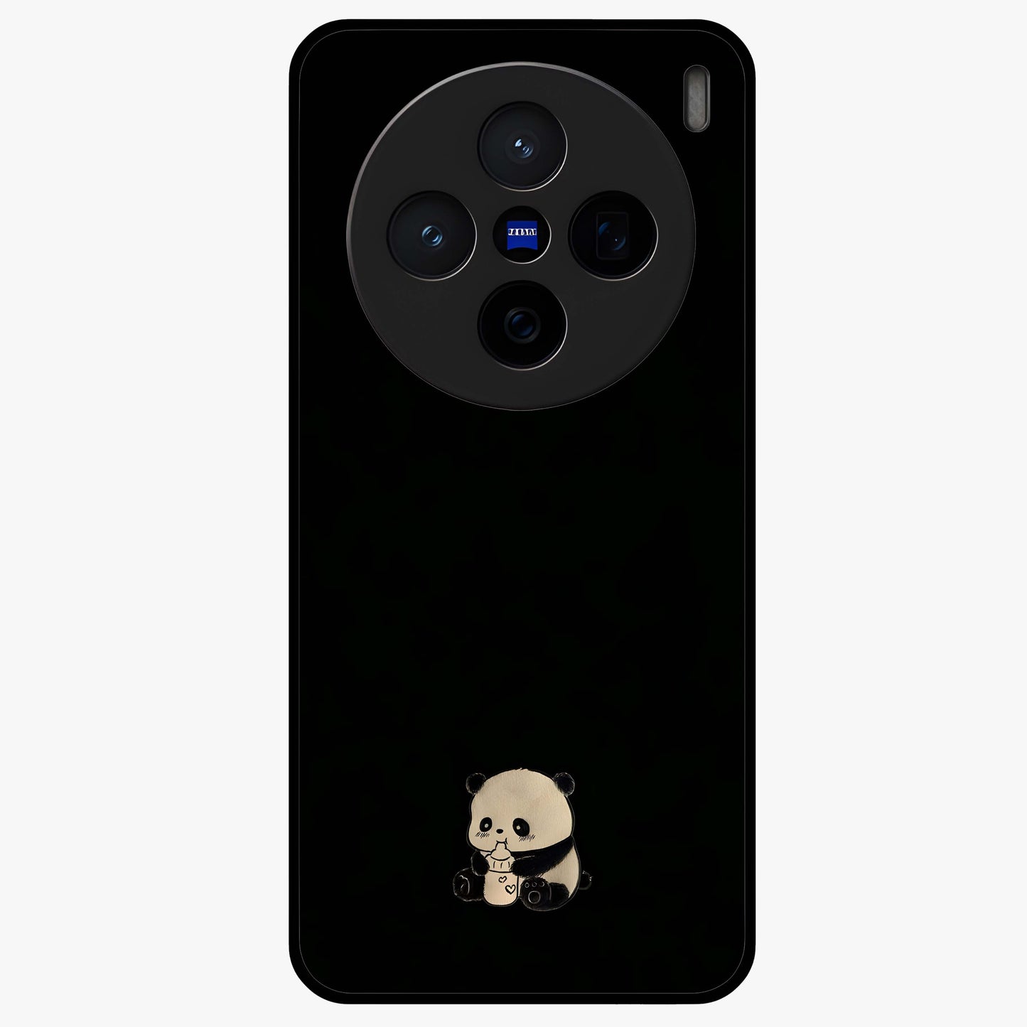 Midnight Panda Love Glass Case showing flat back view with cute panda themed artwork and glossy glass finish.