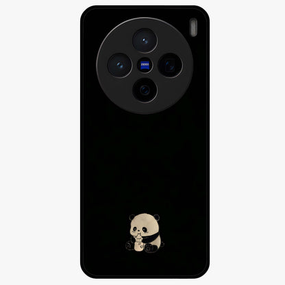 Midnight Panda Love Glass Case showing flat back view with cute panda themed artwork and glossy glass finish.