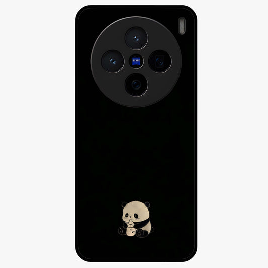Midnight Panda Love Glass Case showing flat back view with cute panda themed artwork and glossy glass finish.