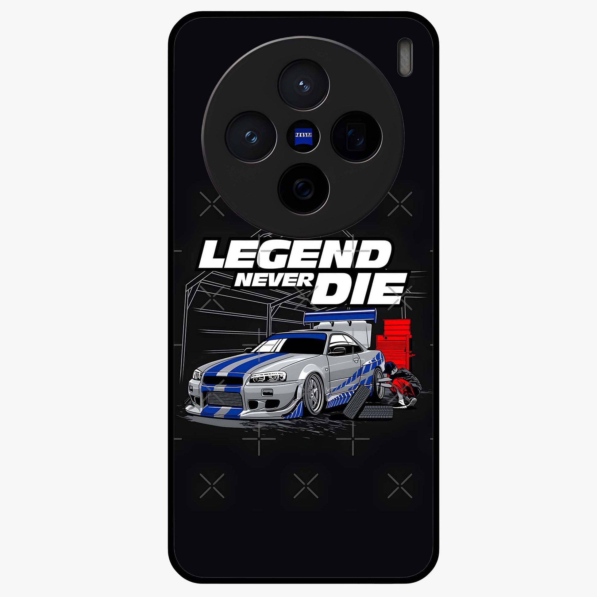 Midnight Racing Legacy Glass Case showing flat back view with sleek racing inspired artwork and glossy glass finish.