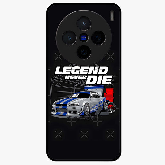 Midnight Racing Legacy Glass Case showing flat back view with sleek racing inspired artwork and glossy glass finish.