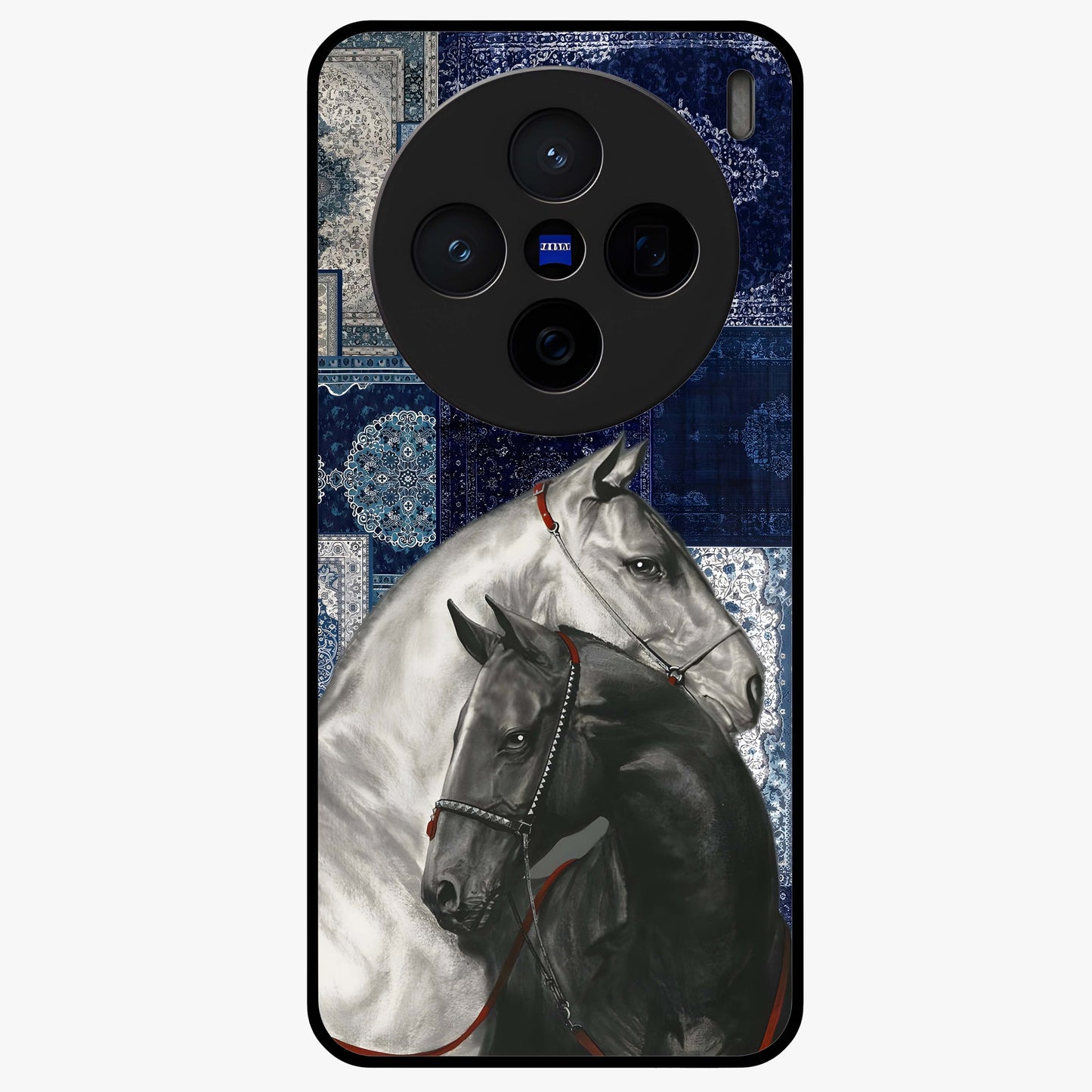 Midnight Stallion Blues Glass Case showing flat back view with majestic horse artwork and glossy glass finish.