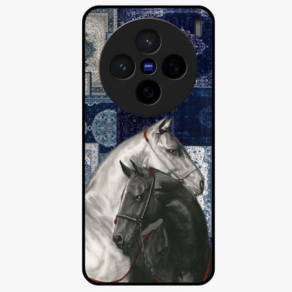 Midnight Stallion Blues Glass Case showing flat back view with majestic horse artwork and glossy glass finish.