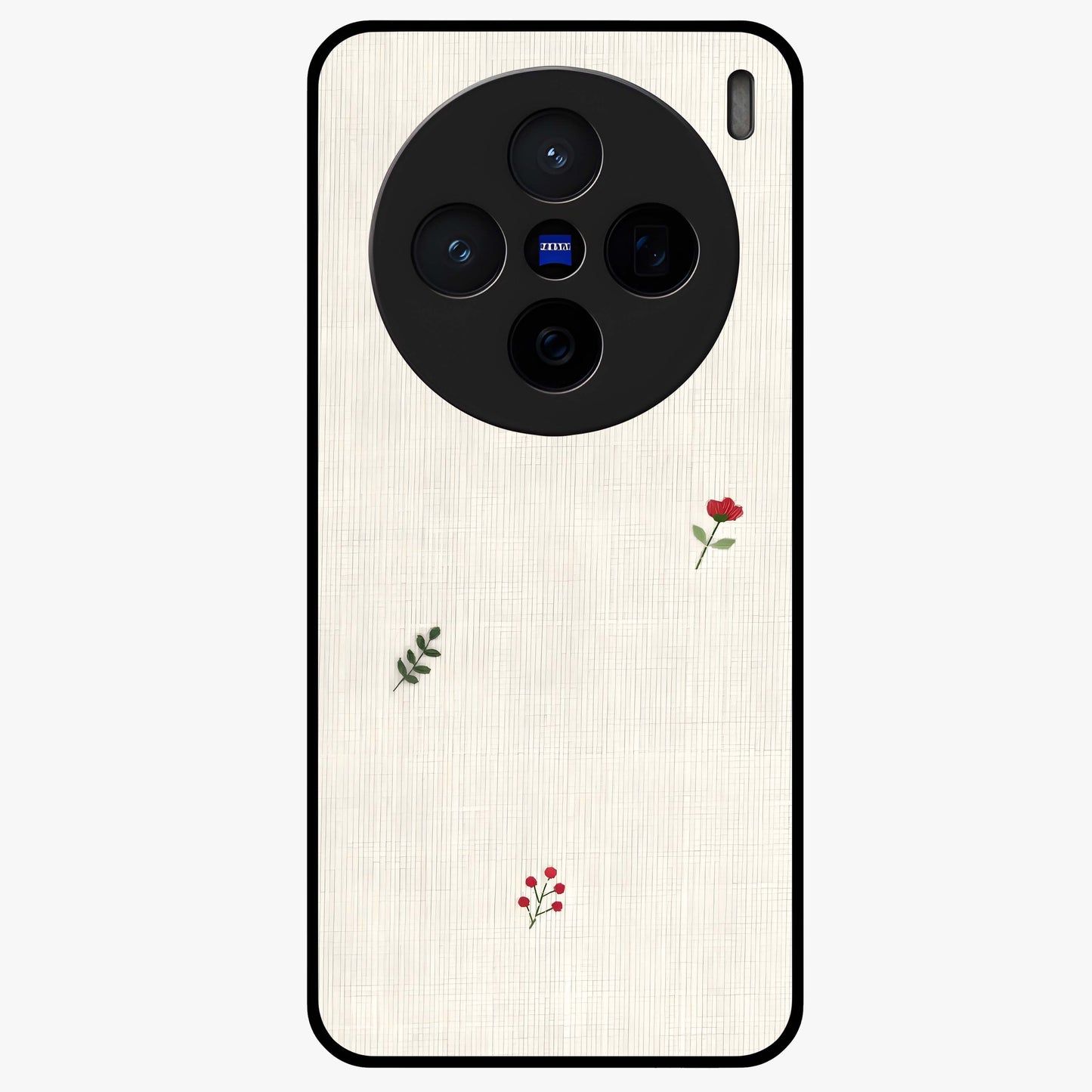 Minimal Petal Whispers Glass Case showing flat back view with soft minimal floral artwork and glossy glass finish.