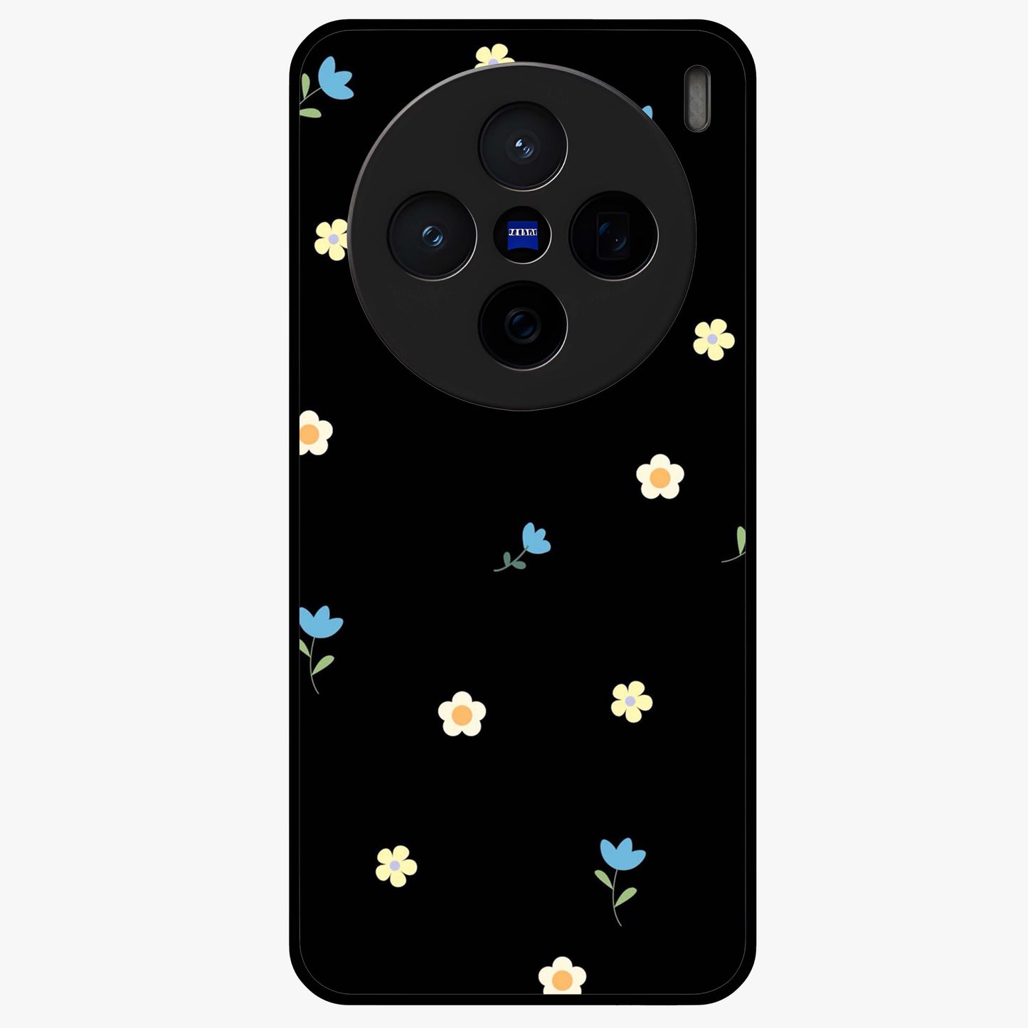 Minimalistic Blue With White Flower Pattern Glass Case showing flat back view with blue background and white flower pattern and glossy glass finish.
