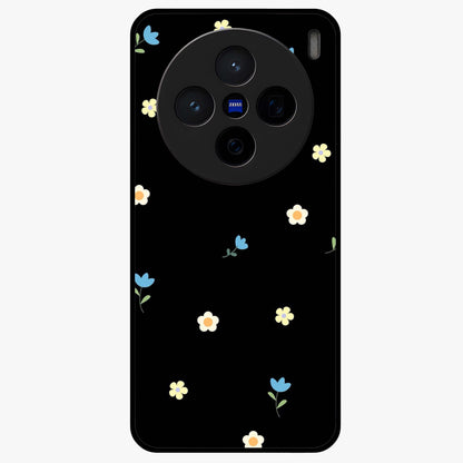 Minimalistic Blue With White Flower Pattern Glass Case showing flat back view with blue background and white flower pattern and glossy glass finish.