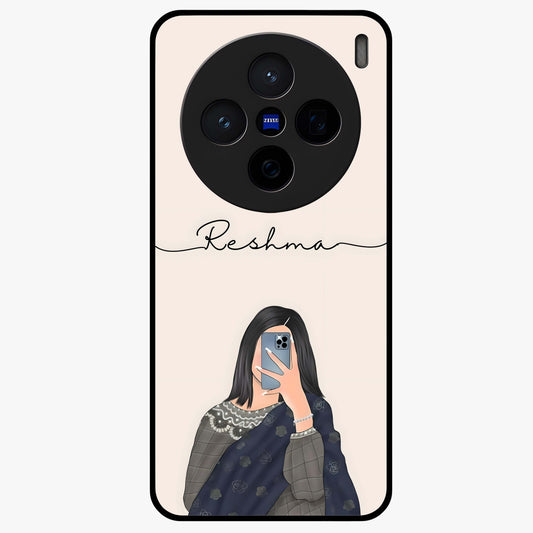 Mirror Mood Muse With Custom Name Glass Case showing flat back view with stylish mirrored artwork and personalized name design.