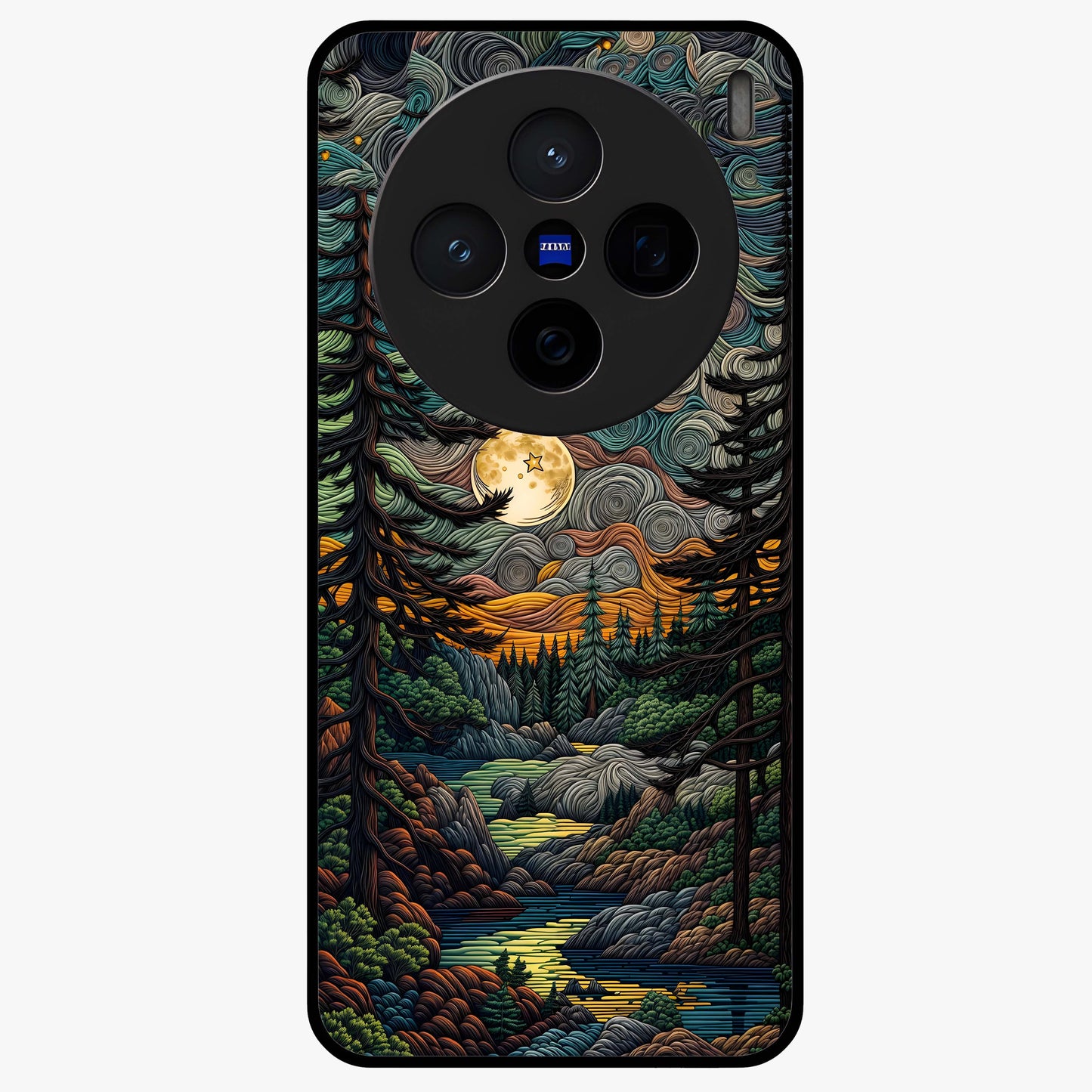 Moonlight Forest Dream Glass Case showing flat back view with mystical forest moonlight artwork and glossy glass finish.