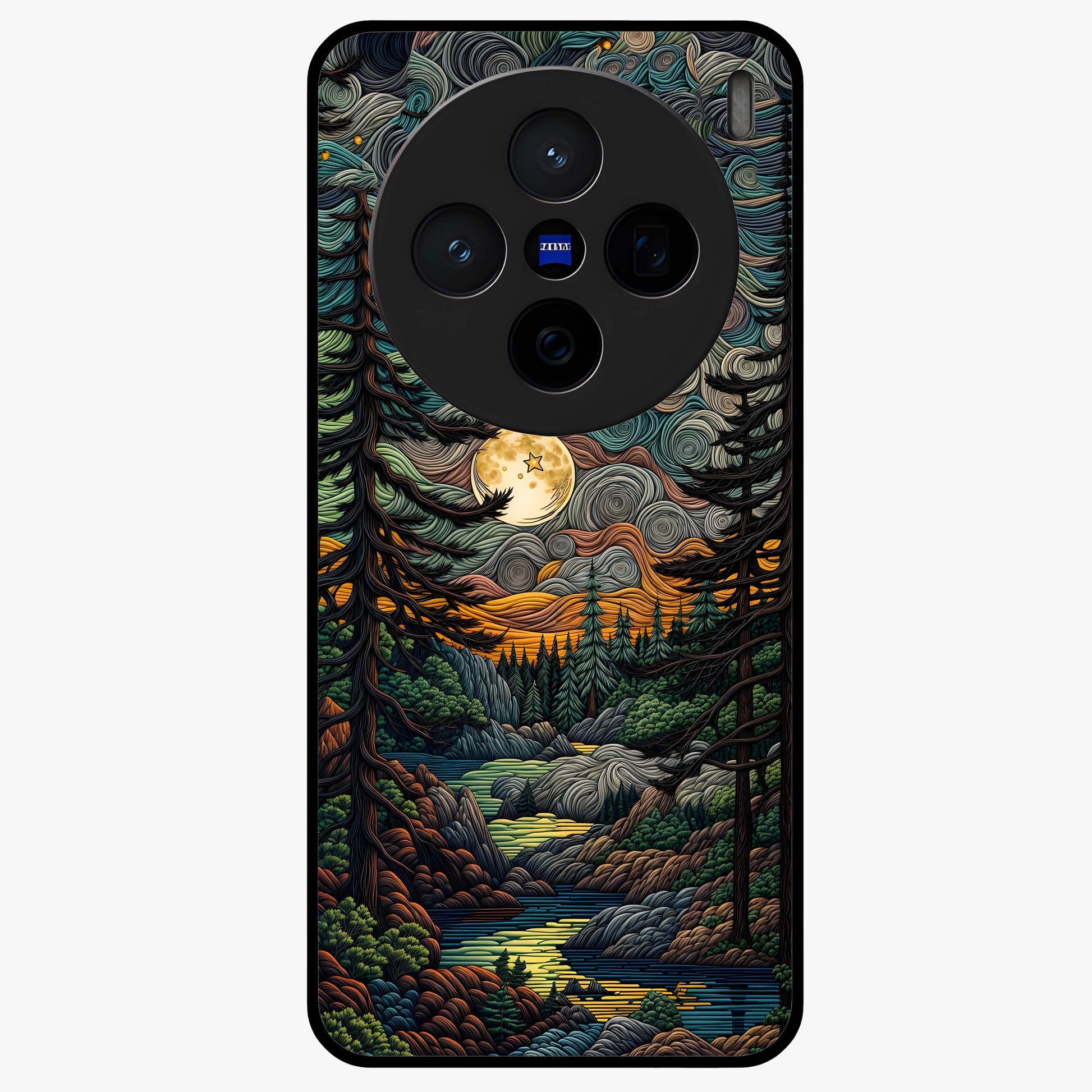 Moonlight Forest Dream Glass Case showing flat back view with mystical forest moonlight artwork and glossy glass finish.