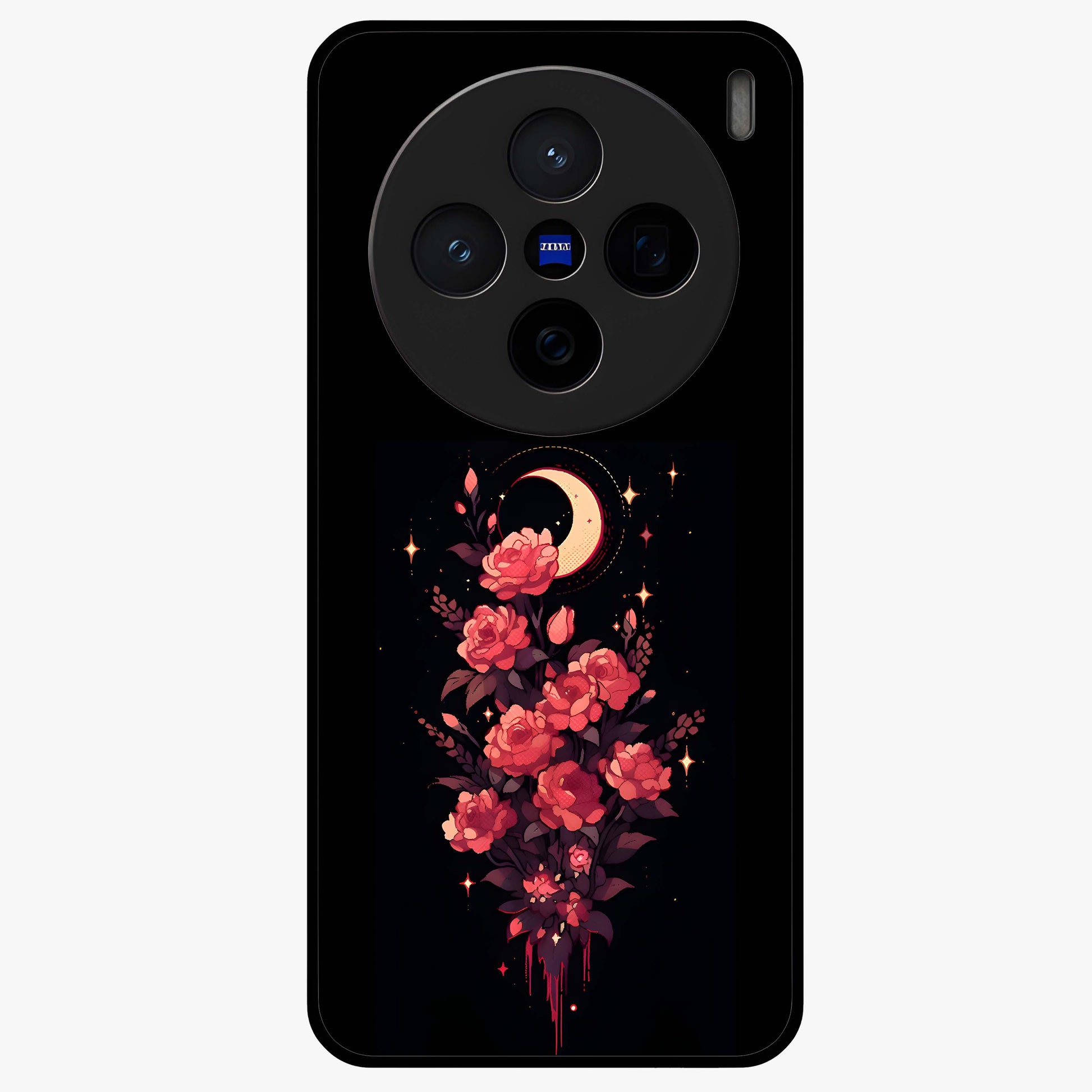 Moonlit Floral Elegance Glass Case showing flat back view with elegant floral artwork under moonlit tones and glossy glass finish.