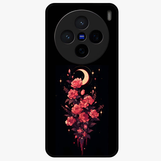 Moonlit Floral Elegance Glass Case showing flat back view with elegant floral artwork under moonlit tones and glossy glass finish.