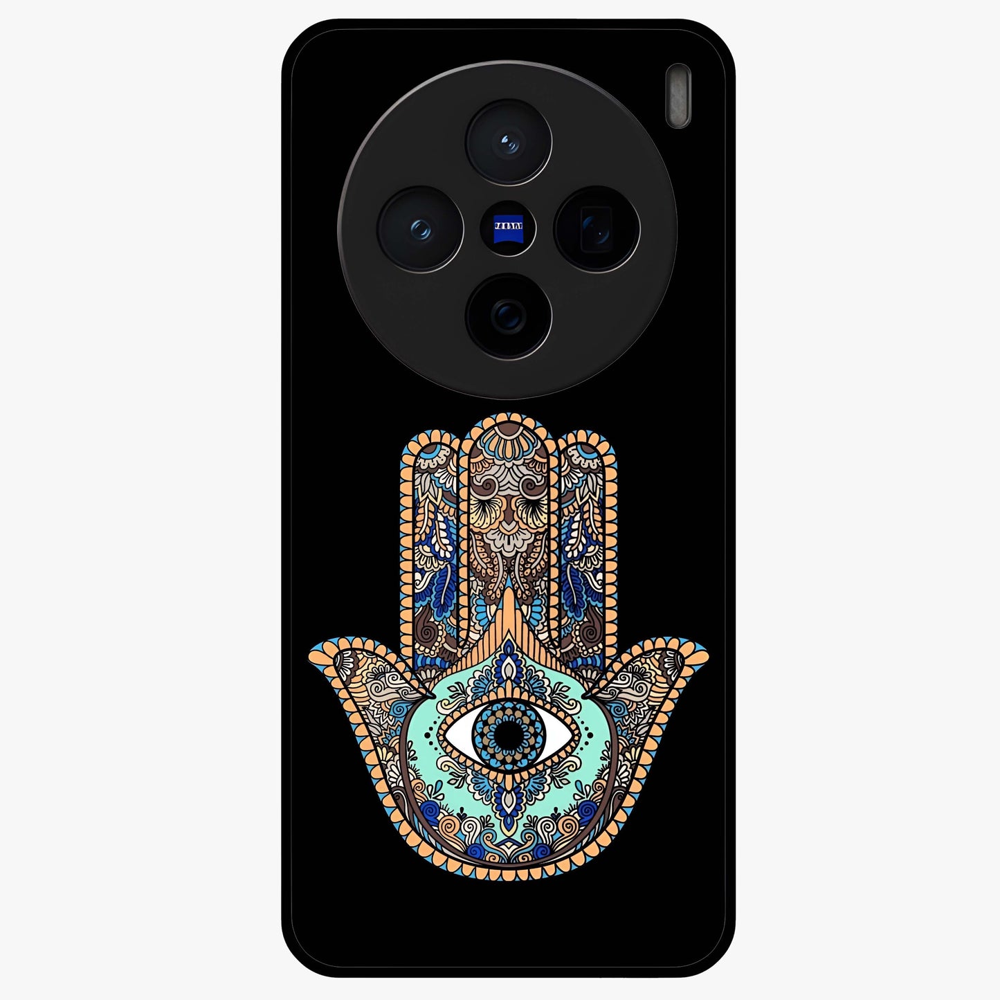 Mystic Hamsa Eye Glass Case showing flat back view with protective hamsa hand and evil eye artwork and glossy glass finish.