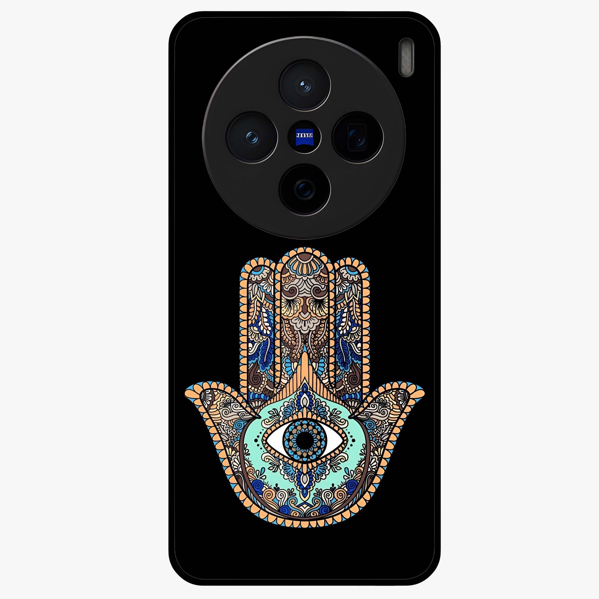 Mystic Hamsa Eye Glass Case showing flat back view with protective hamsa hand and evil eye artwork and glossy glass finish.