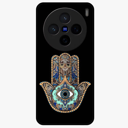 Mystic Hamsa Eye Glass Case showing flat back view with protective hamsa hand and evil eye artwork and glossy glass finish.