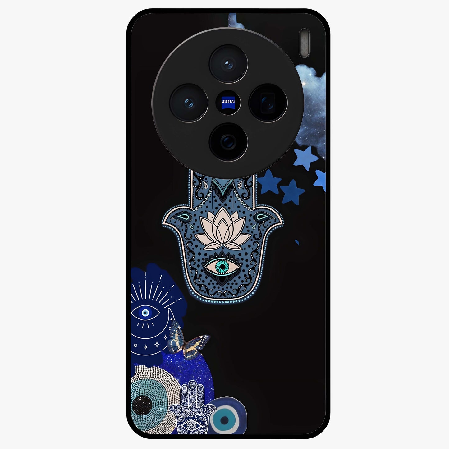 Mystic Hand Aura Glass Case showing flat back view with mystical hand symbol artwork and glossy glass finish.