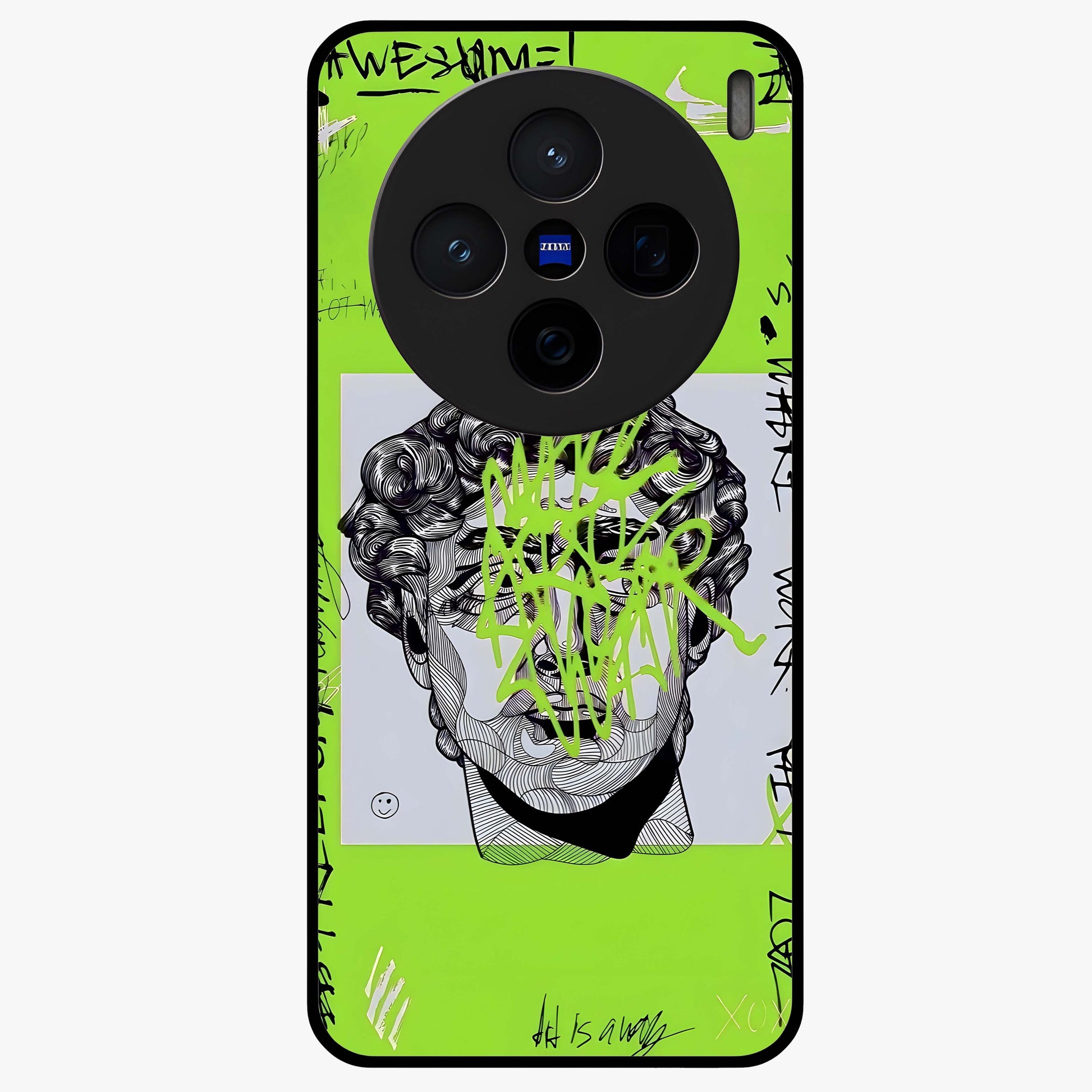 Neo Graffiti Rebellion Glass Case showing flat back view with vibrant graffiti artwork and glossy glass finish.
