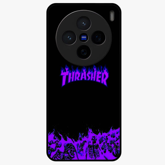 Neon Flame Riot Glass Case showing flat back view with neon flame artwork and glossy glass finish.