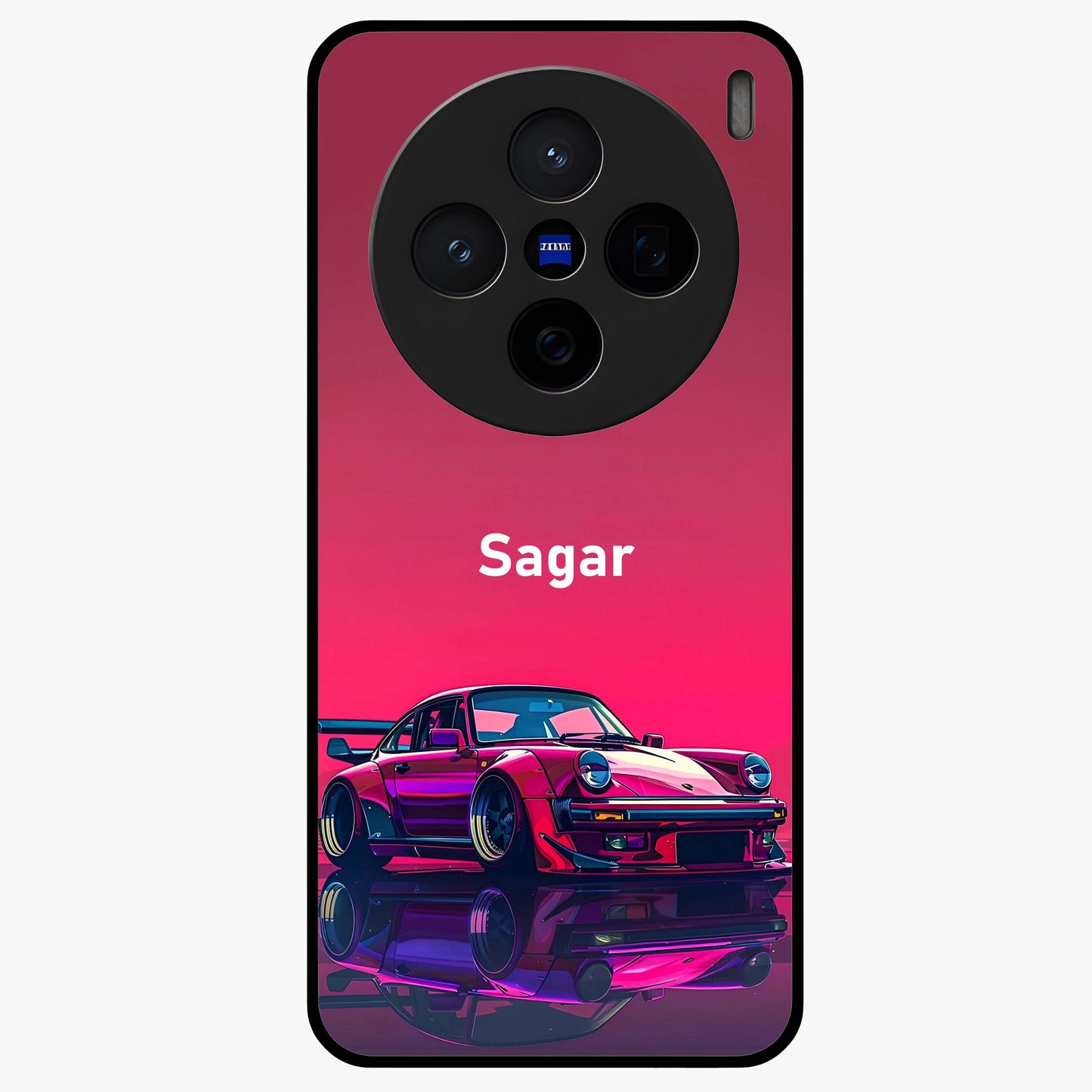 Neon Pink Porsche Glass Case showing flat back view with stylish sports car artwork and glossy glass finish.