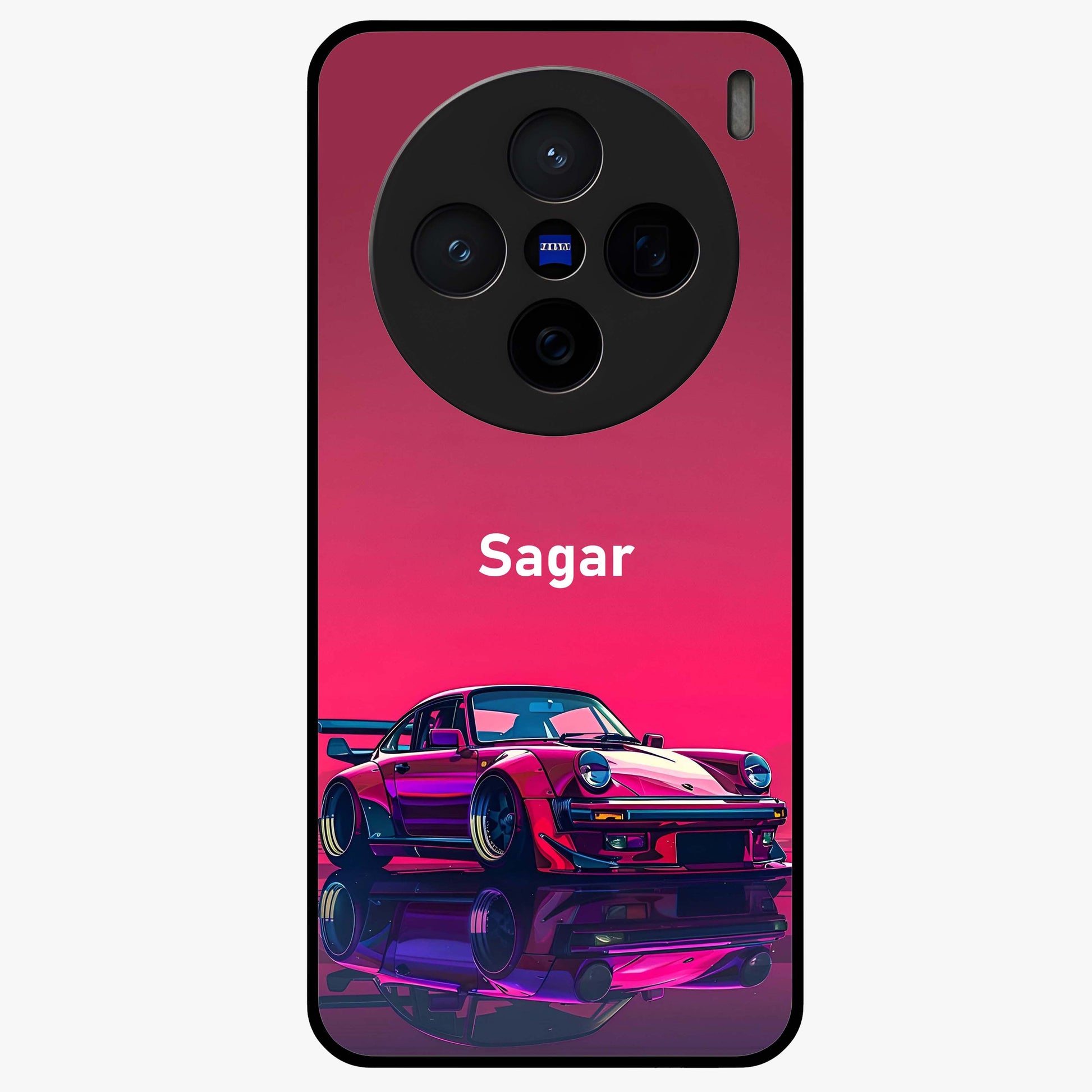 Neon Pink Porsche Glass Case showing flat back view with stylish sports car artwork and glossy glass finish.
