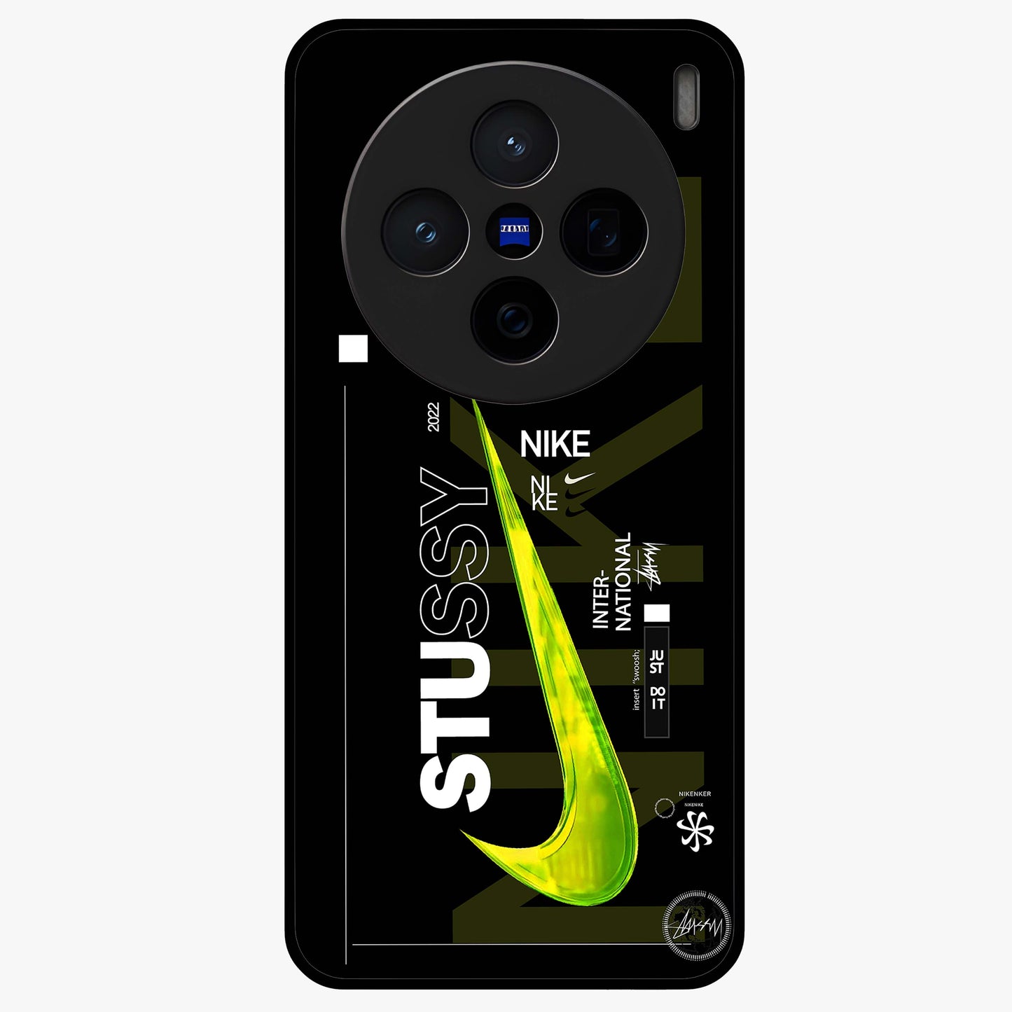 Neon Street Edition Glass Case showing flat back view with neon street style artwork and glossy glass finish.