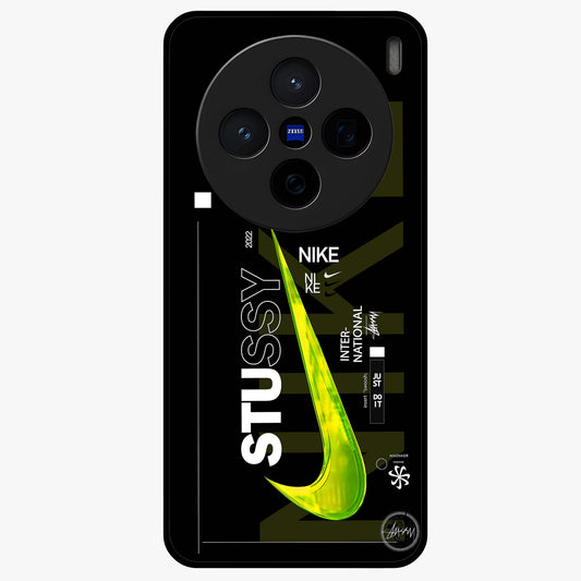 Neon Street Edition Glass Case showing flat back view with neon street style artwork and glossy glass finish.