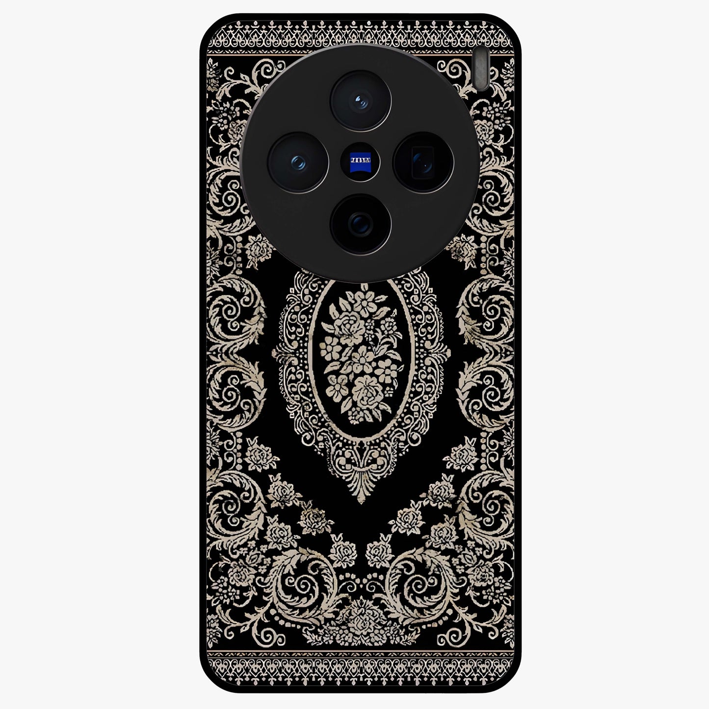 Noir Bloom Elegance Glass Case showing flat back view with elegant dark floral artwork and glossy glass finish.