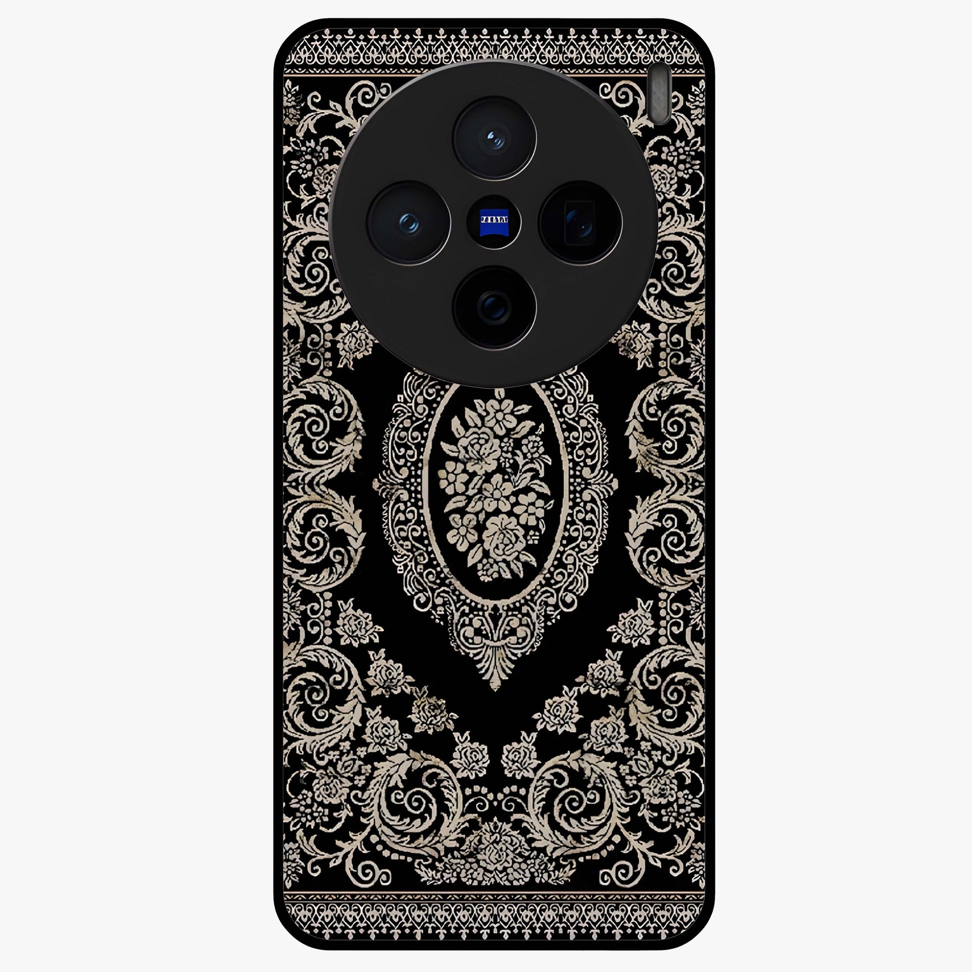 Noir Bloom Elegance Glass Case showing flat back view with elegant dark floral artwork and glossy glass finish.