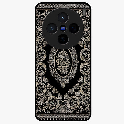 Noir Bloom Elegance Glass Case showing flat back view with elegant dark floral artwork and glossy glass finish.
