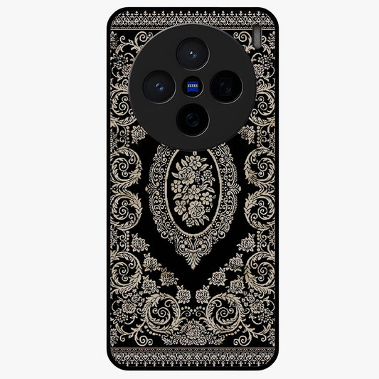 Noir Bloom Elegance Glass Case showing flat back view with elegant dark floral artwork and glossy glass finish.