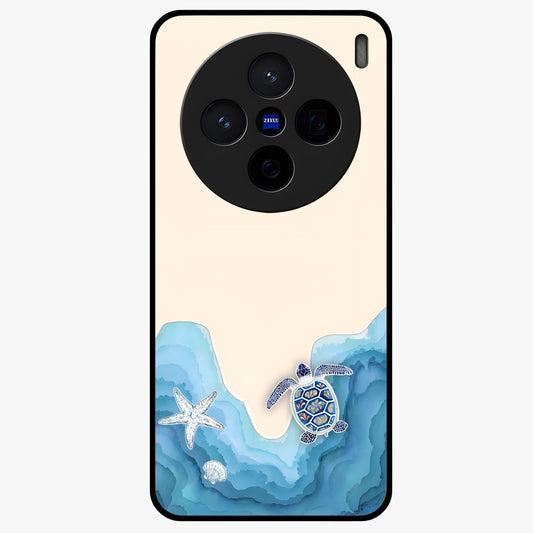 Ocean Drift Turtle Glass Case showing flat back view with sea turtle artwork and glossy glass finish.