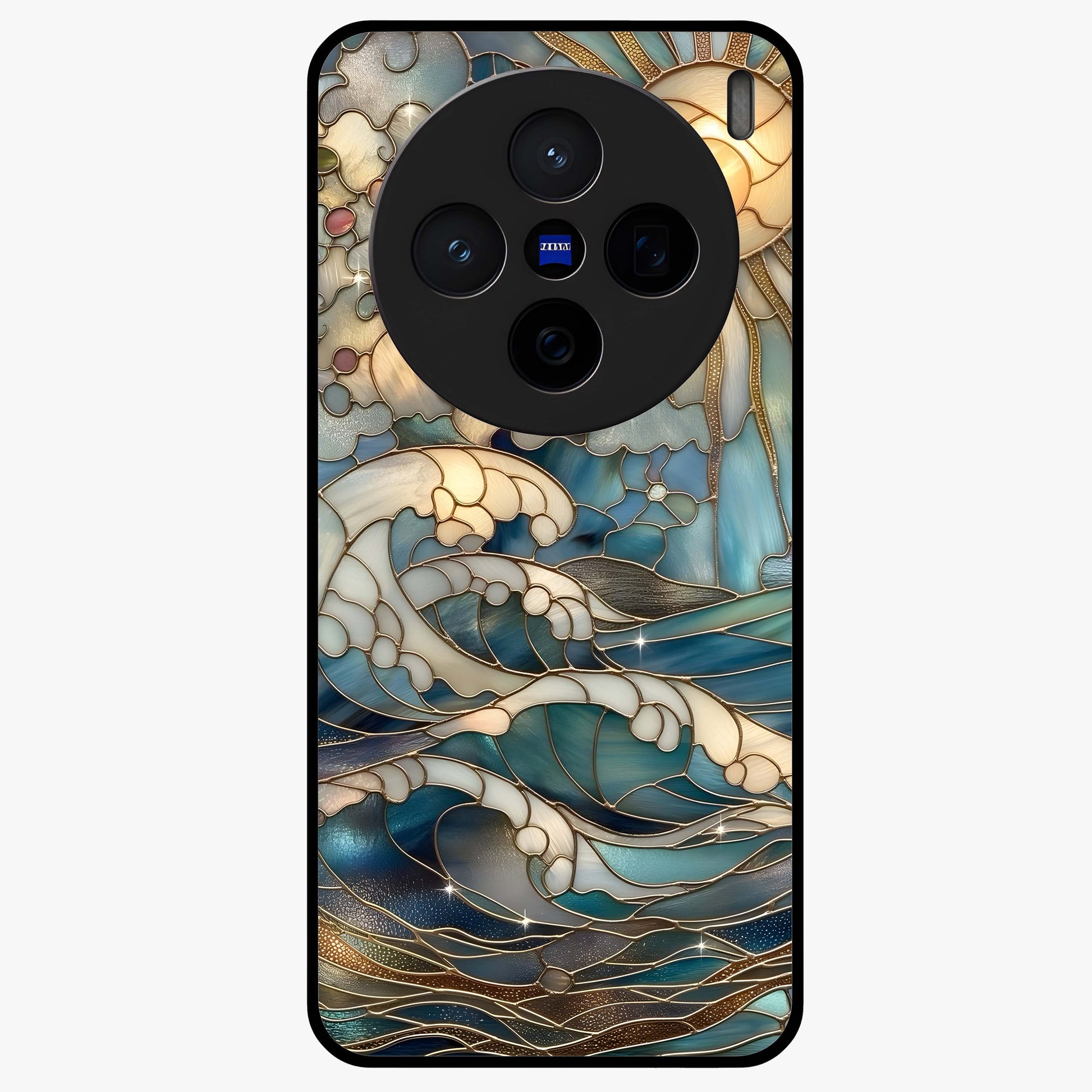 Oceanic Stained Printed Glass Case showing flat back view with ocean inspired stained pattern artwork and glossy glass finish.