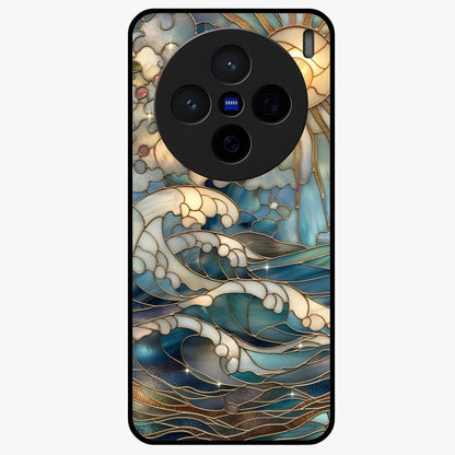 Oceanic Stained Printed Glass Case showing flat back view with ocean inspired stained pattern artwork and glossy glass finish.
