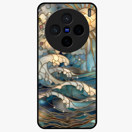 Oceanic Stained Printed Glass Case showing flat back view with ocean inspired stained pattern artwork and glossy glass finish.