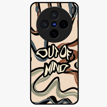 Out Of Mind Glass Case showing flat back view with expressive typography artwork and glossy glass finish.