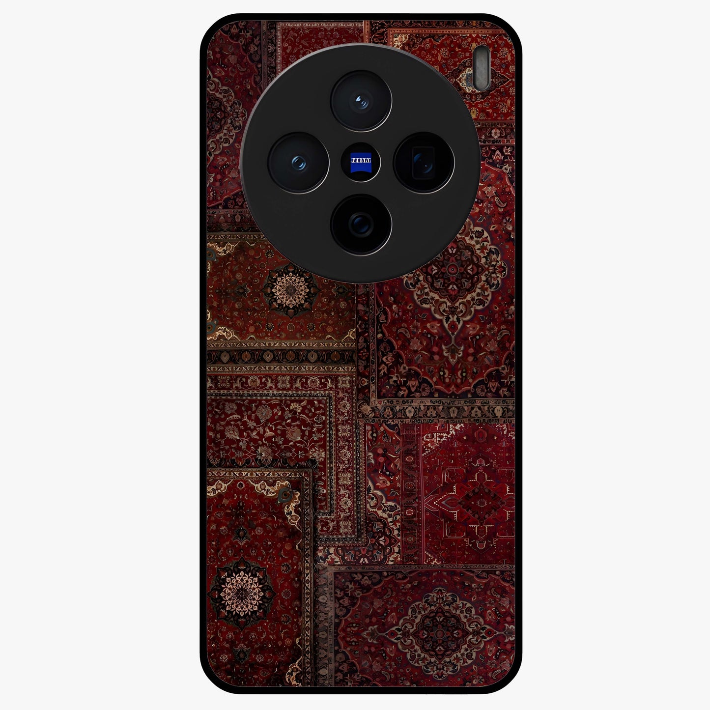 Persian Velvet Tale Glass Case showing flat back view with luxurious Persian velvet pattern artwork and glossy glass finish.