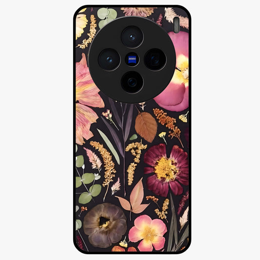 Petal Dream Tapestry Glass Case showing flat back view with intricate floral tapestry artwork and glossy glass finish.