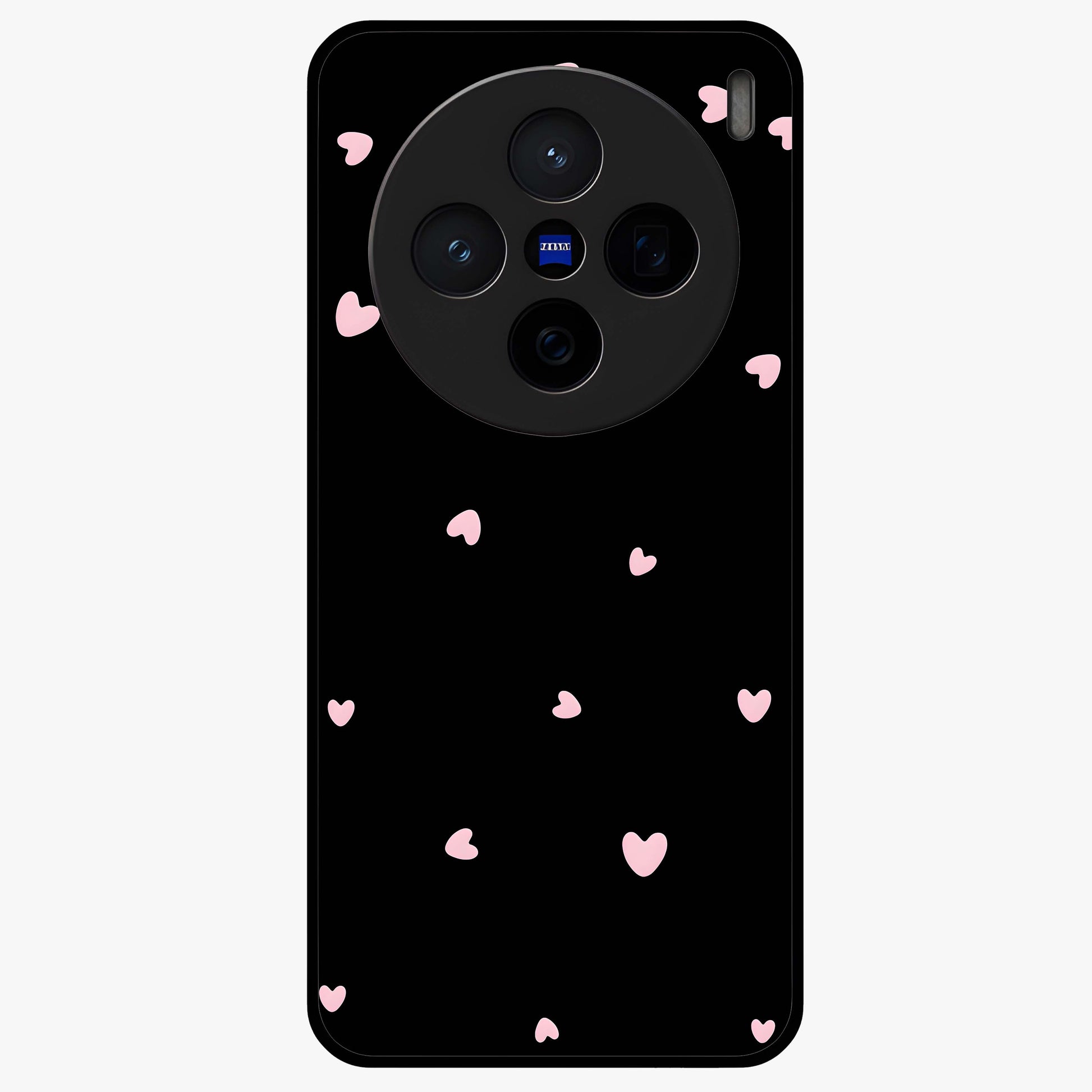 Pink Love Drops Glass Case showing flat back view with playful pink heart drops artwork and glossy glass finish.