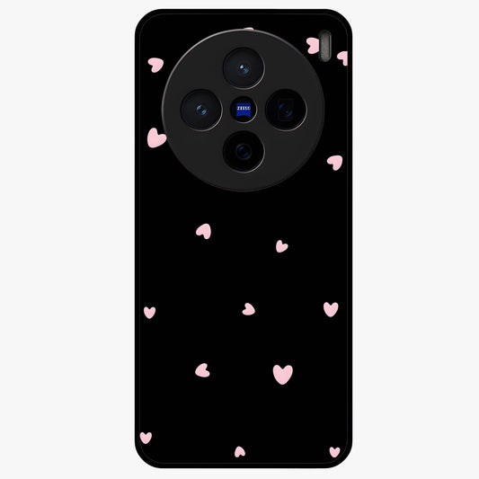 Pink Love Drops Glass Case showing flat back view with playful pink heart drops artwork and glossy glass finish.