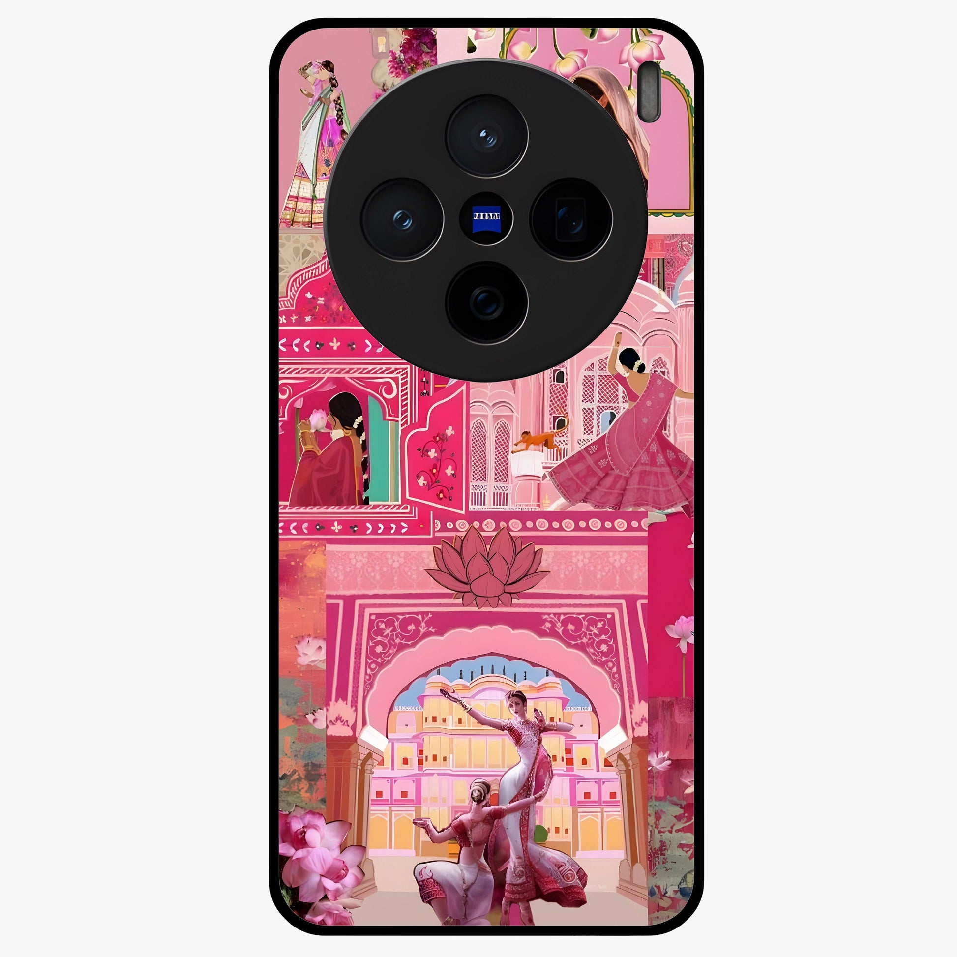 Pink Palace Muse Glass Case showing flat back view with elegant palace inspired artwork and glossy glass finish.