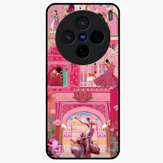 Pink Palace Muse Glass Case showing flat back view with elegant palace inspired artwork and glossy glass finish.