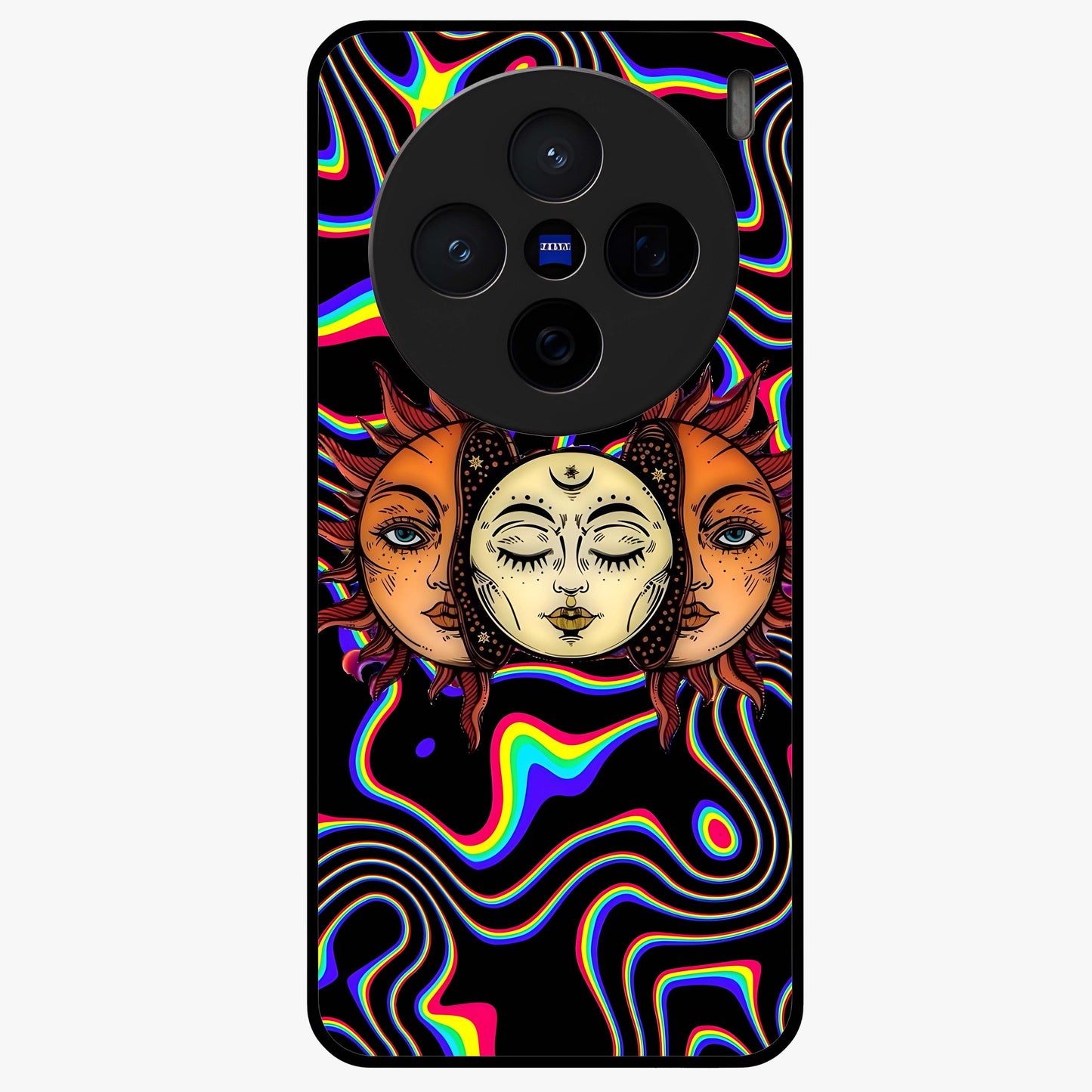 Psychedelic Sun Glass Case showing flat back view with colorful psychedelic sun artwork and glossy glass finish.