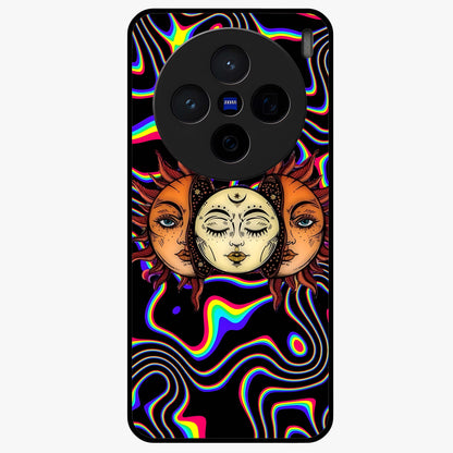 Psychedelic Sun Glass Case showing flat back view with colorful psychedelic sun artwork and glossy glass finish.