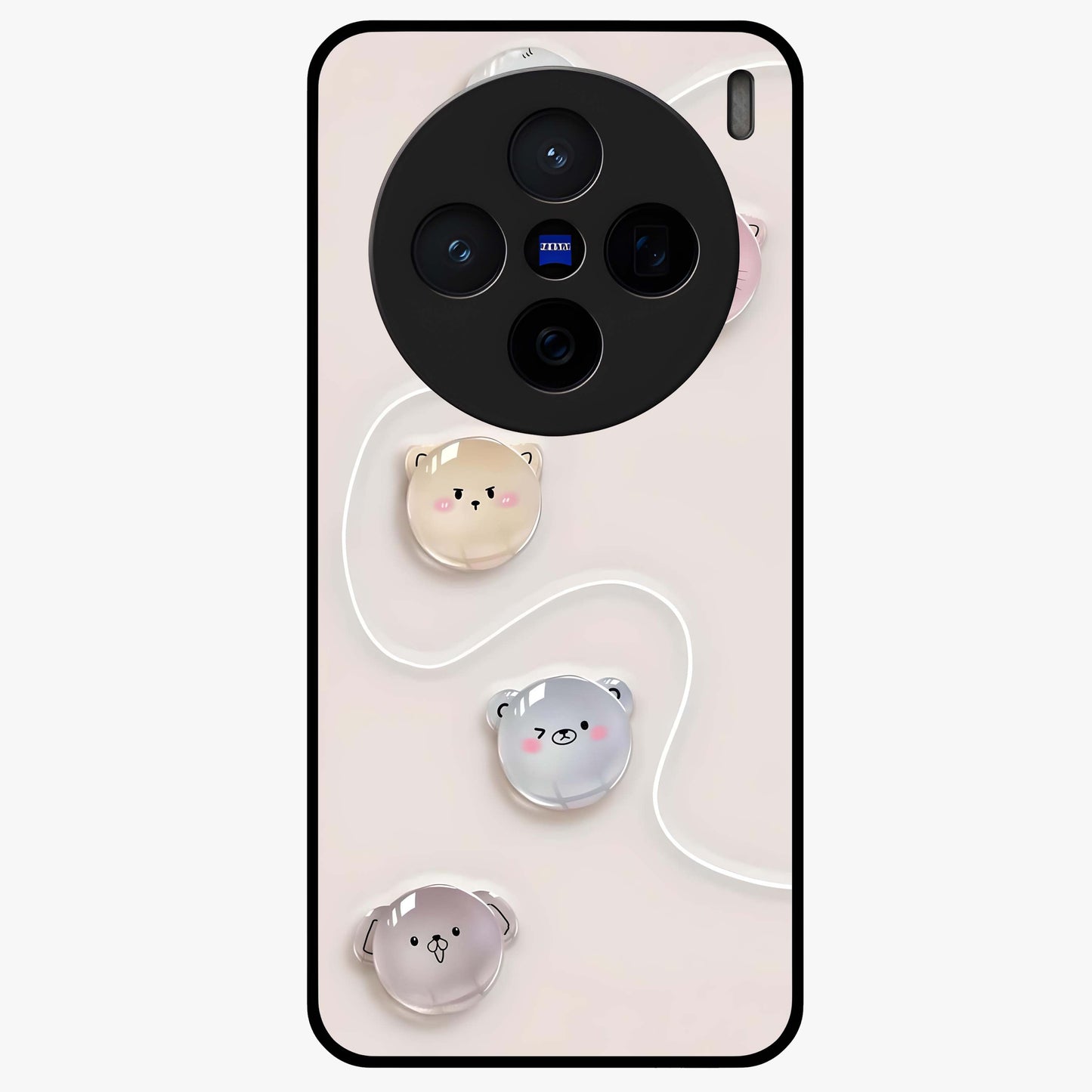 Puffy Face Parade Glass Case showing flat back view with cute puffy character faces artwork and glossy glass finish.