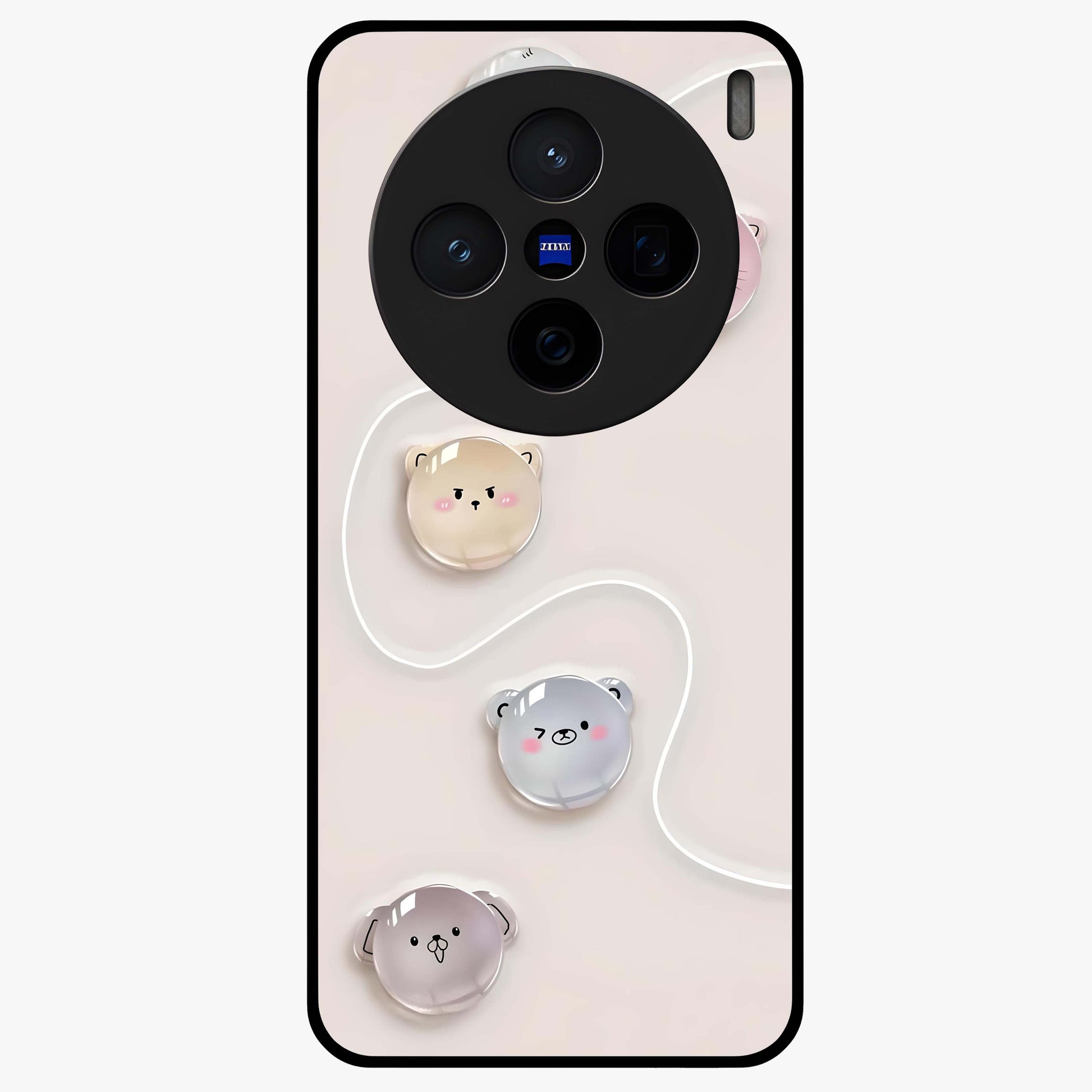 Puffy Face Parade Glass Case showing flat back view with cute puffy character faces artwork and glossy glass finish.
