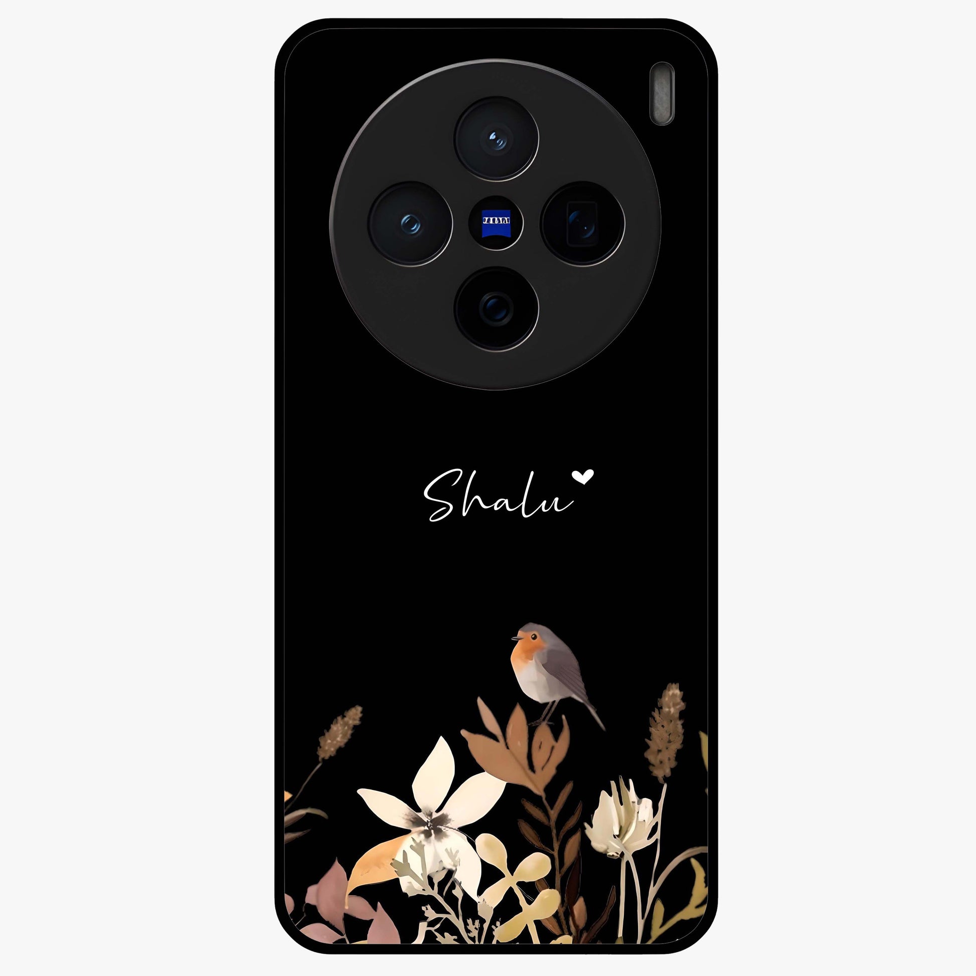 Quiet Garden Tune Custom Name Glass Case showing flat back view with peaceful garden artwork and personalized name design.