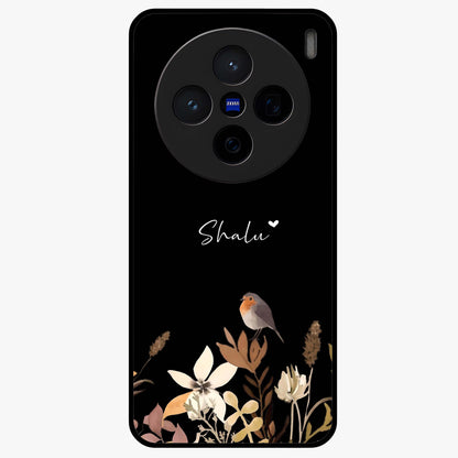 Quiet Garden Tune Custom Name Glass Case showing flat back view with peaceful garden artwork and personalized name design.